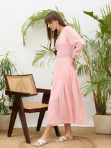 Women's Light Pink V-Neck Lace Detail Maxi Casual Dress