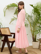 Women's Light Pink V-Neck Lace Detail Maxi Casual Dress