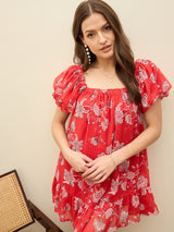 Women's Red Casual Printed Fit & Flared Half Sleeves Dress
