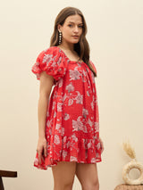 Women's Red Casual Printed Fit & Flared Half Sleeves Dress