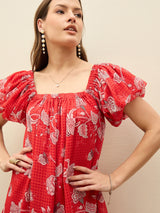Women's Red Casual Printed Fit & Flared Half Sleeves Dress