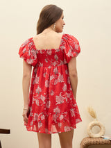 Women's Red Casual Printed Fit & Flared Half Sleeves Dress