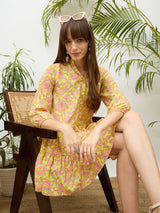 Women's Neon Green Paisley Button Down Short Casual Dress