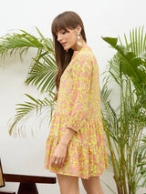 Women's Neon Green Paisley Button Down Short Casual Dress