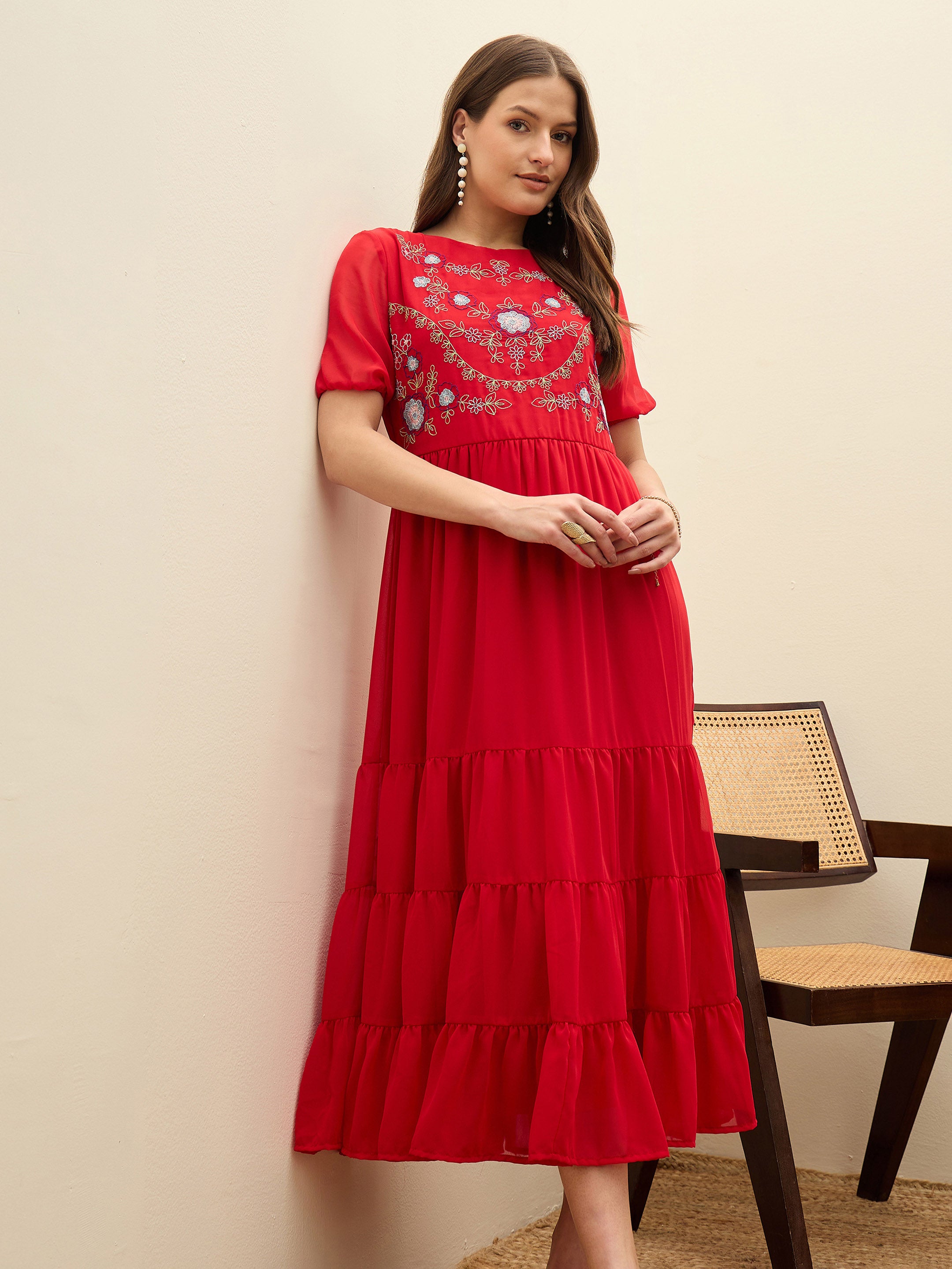 Women's Red Solid Tiered Maxi Casual Dress