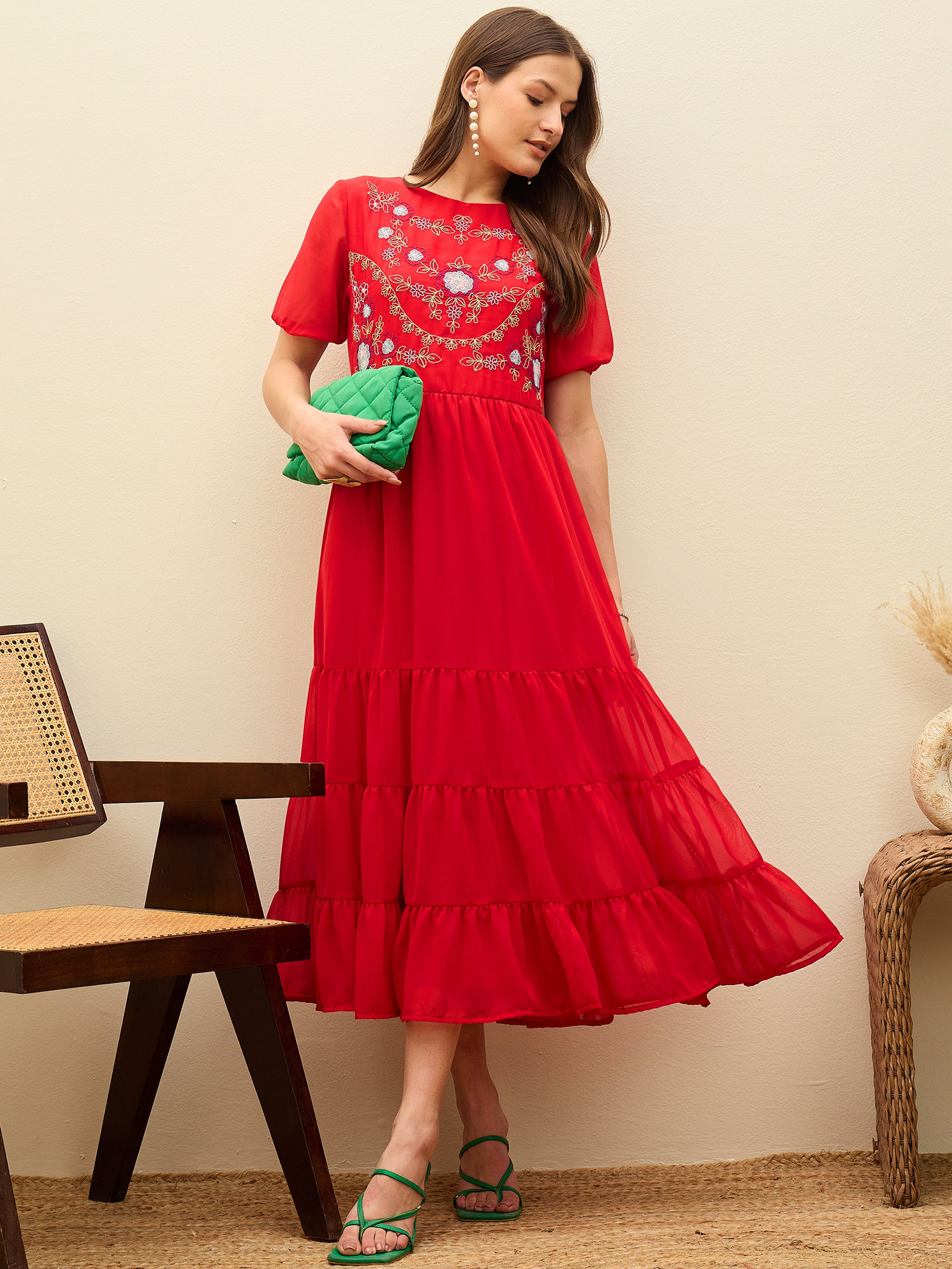 Women's Red Solid Tiered Maxi Casual Dress