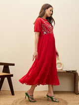 Women's Red Solid Tiered Maxi Casual Dress