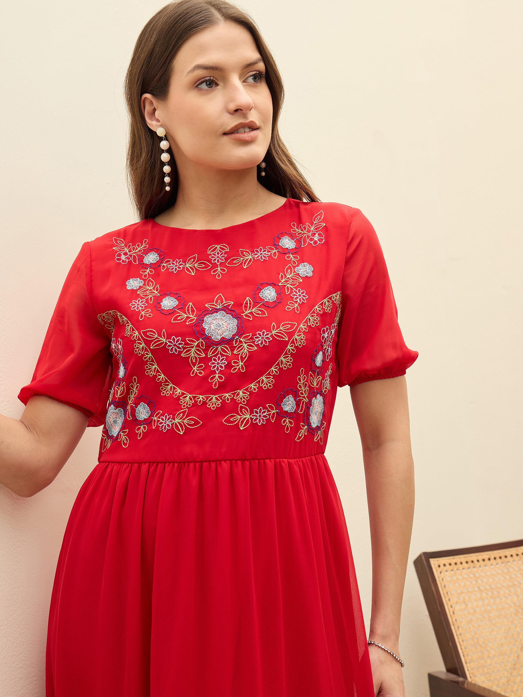 Women's Red Solid Tiered Maxi Casual Dress