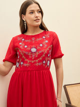 Women's Red Solid Tiered Maxi Casual Dress