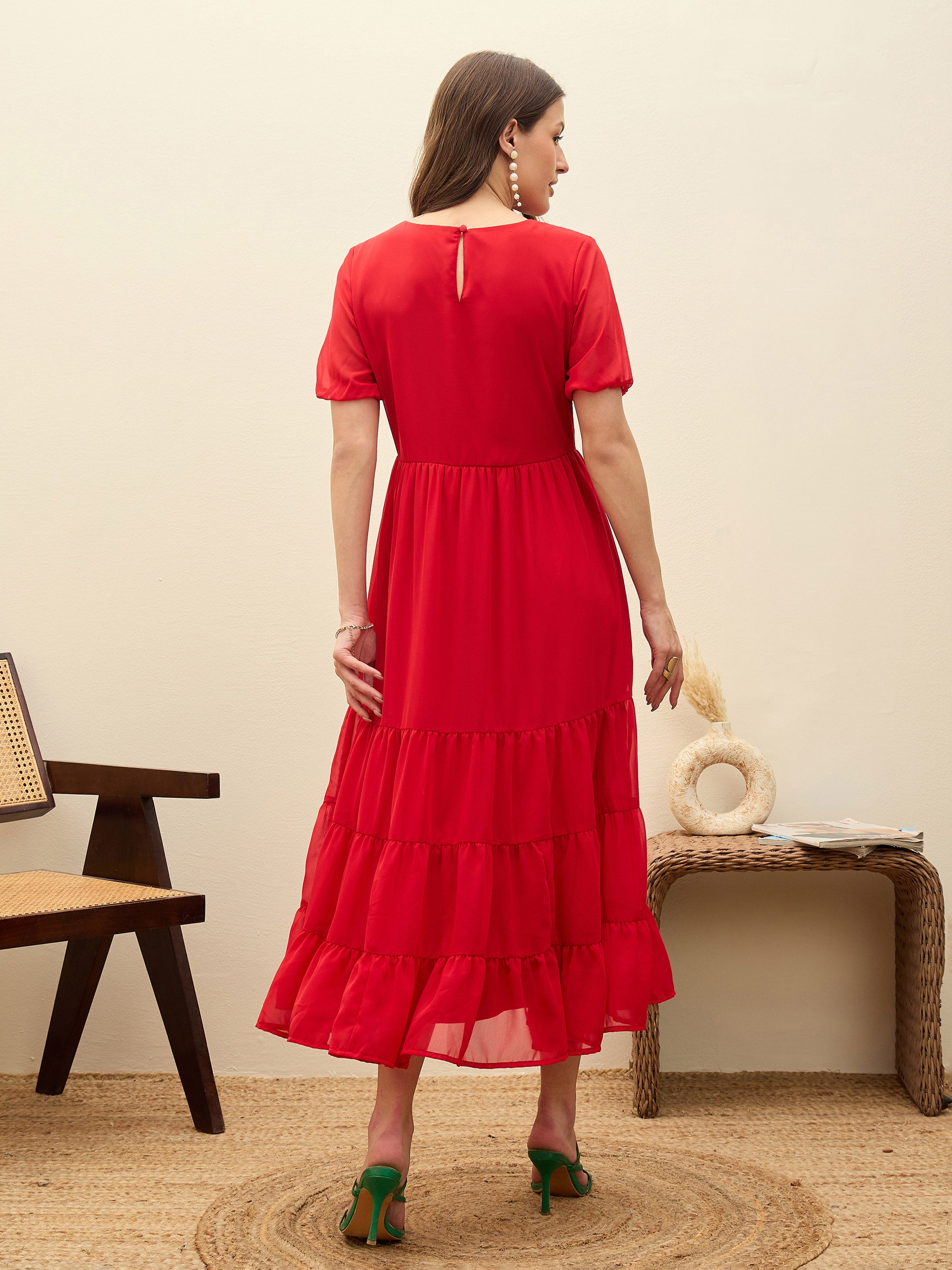 Women's Red Solid Tiered Maxi Casual Dress