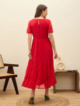 Women's Red Solid Tiered Maxi Casual Dress