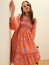 Women's Orange Casual Printed Fit & Flared Full Sleeves Dress