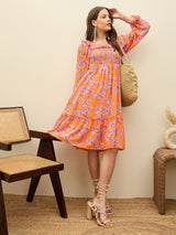 Women's Orange Casual Printed Fit & Flared Full Sleeves Dress