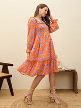 Women's Orange Casual Printed Fit & Flared Full Sleeves Dress