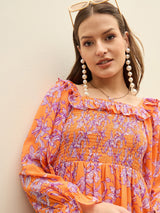 Women's Orange Casual Printed Fit & Flared Full Sleeves Dress