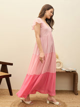 Women's Pink Casual Color Blocked Fit & Flared Half Sleeves Dress