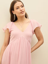 Women's Pink Casual Color Blocked Fit & Flared Half Sleeves Dress