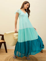 Women's Blue Casual Color Blocked Fit & Flared Half Sleeves Dress