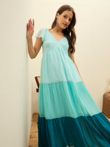 Women's Blue Casual Color Blocked Fit & Flared Half Sleeves Dress