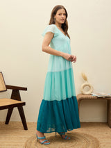 Women's Blue Casual Color Blocked Fit & Flared Half Sleeves Dress