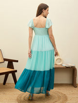 Women's Blue Casual Color Blocked Fit & Flared Half Sleeves Dress
