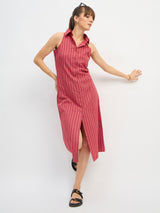 Women's Red Casual Striped Regular Fit Sleeveless Dress