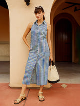 Women's Blue Casual Striped Regular Fit Sleeveless Dress