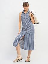 Women's Blue Casual Striped Regular Fit Sleeveless Dress