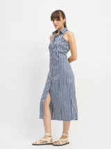 Women's Blue Casual Striped Regular Fit Sleeveless Dress