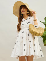 Women's White Embroidered Shawl Collar Tiered Casual Dress