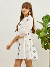 Women's White Embroidered Shawl Collar Tiered Casual Dress