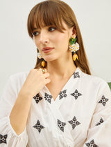 Women's White Embroidered Shawl Collar Tiered Casual Dress