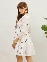 Women's White Embroidered Shawl Collar Tiered Casual Dress