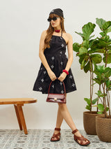 Women's Black Embroidered Strappy Short Casual Dress
