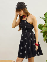 Women's Black Embroidered Strappy Short Casual Dress