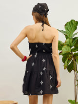Women's Black Embroidered Strappy Short Casual Dress