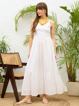 Women's White Casual Embroidered Fit & Flared Sleeveless Dress