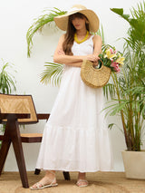 Women's White Casual Embroidered Fit & Flared Sleeveless Dress