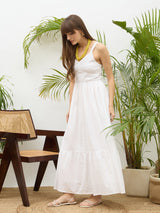Women's White Casual Embroidered Fit & Flared Sleeveless Dress