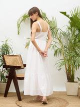 Women's White Casual Embroidered Fit & Flared Sleeveless Dress