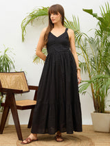 Women's Black Casual Embroidered Fit & Flared Sleeveless Dress