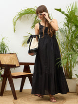 Women's Black Casual Embroidered Fit & Flared Sleeveless Dress