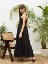 Women's Black Casual Embroidered Fit & Flared Sleeveless Dress