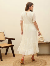 Women's White Casual Solid Fit & Flared Half Sleeves Dress