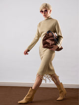 Women's Beige Acrylic Wool Hem Frindge Detail Midi Casual Dress