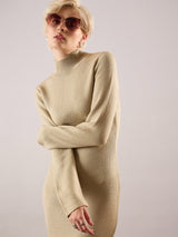 Women's Beige Acrylic Wool Hem Frindge Detail Midi Casual Dress