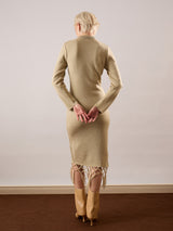 Women's Beige Acrylic Wool Hem Frindge Detail Midi Casual Dress