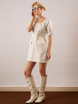Women's White Tweed Round Neck Short Casual Dress