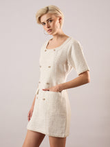 Women's White Tweed Round Neck Short Casual Dress