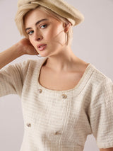 Women's White Tweed Round Neck Short Casual Dress